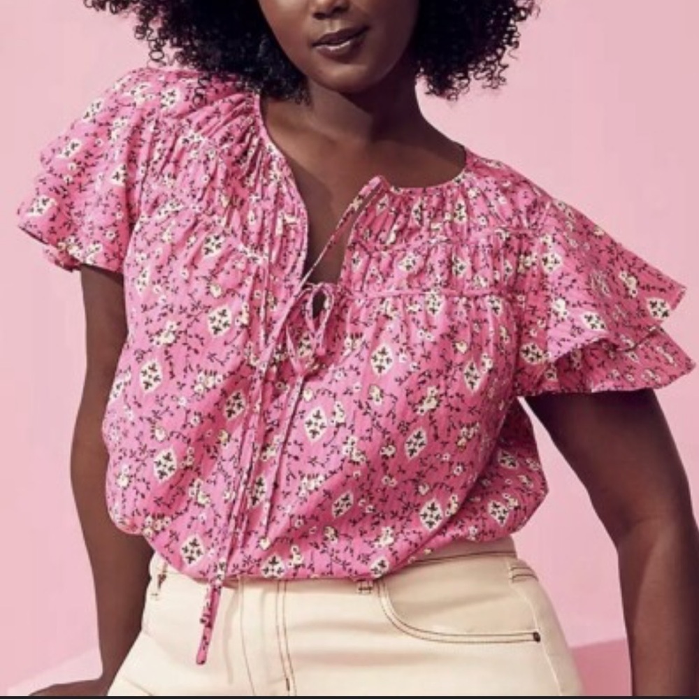 LANE BRYANT Blouse Pink Floral Double Tie Neck Flowers Tiered Cap Sleeve Size 14